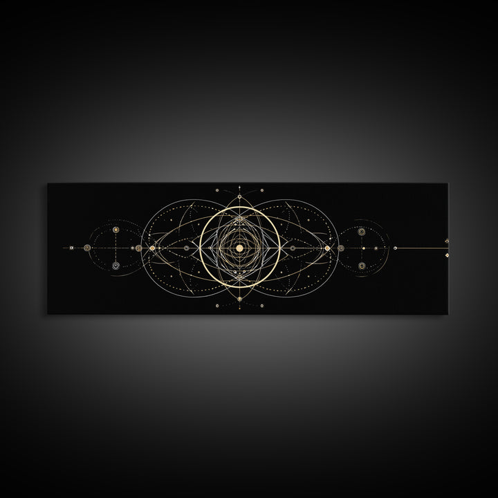 Gold Sacred Geometry Mandala On Black, Spiritual Wall Art, Modern Abstract Art Print, Celestial Framed Canvas Print, Home Decor