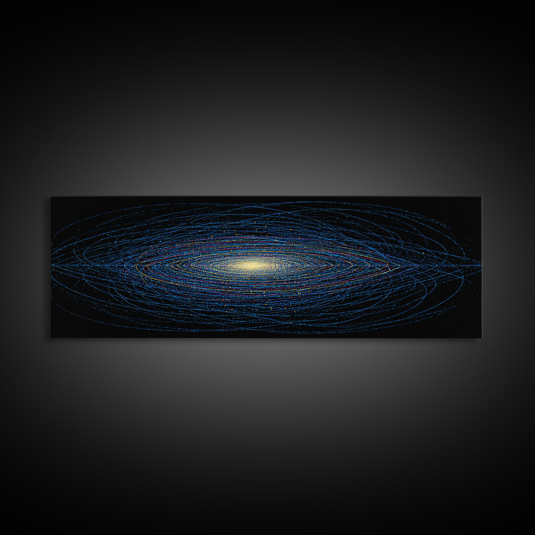 Blue Orbital Galaxy Lines On Black With Yellow Center, Space Abstract Wall Art, Modern Digital Art Print, Sci Fi Canvas Print