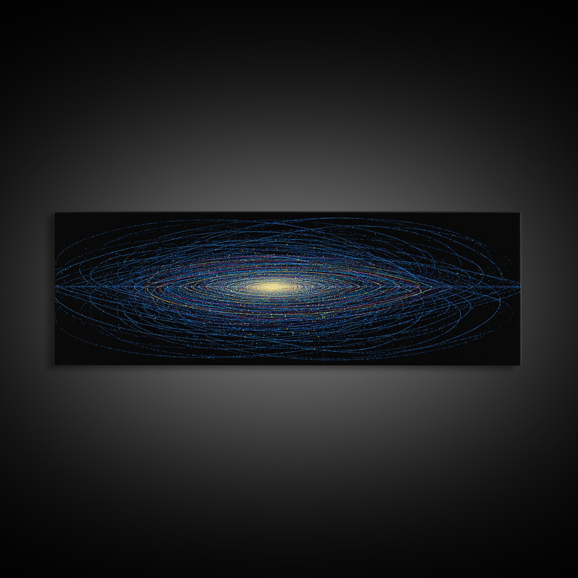 Blue Orbital Galaxy Lines On Black With Yellow Center, Space Abstract Wall Art, Modern Digital Art Print, Sci Fi Canvas Print