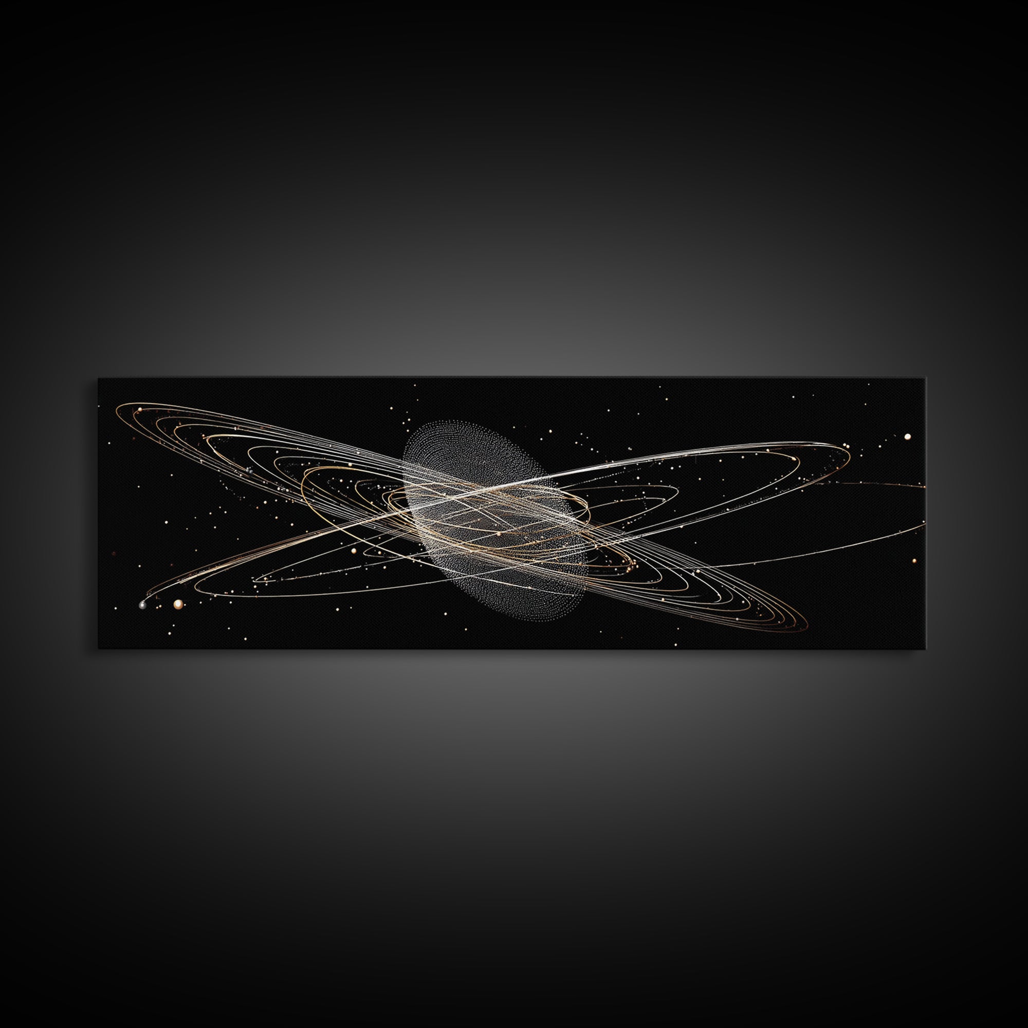 Golden Saturn Orbit Particle Rings On Black, Cosmic Wall Art, Modern Abstract Art Print, Space Framed Canvas Print, For Office Decor