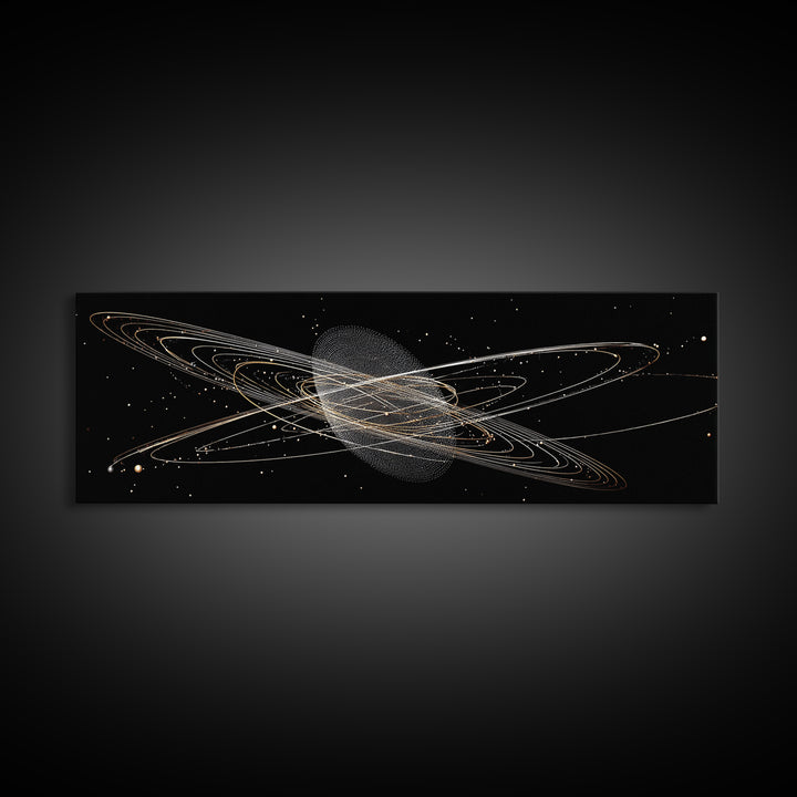 Golden Saturn Orbit Particle Rings On Black, Cosmic Wall Art, Modern Abstract Art Print, Space Framed Canvas Print, For Office Decor