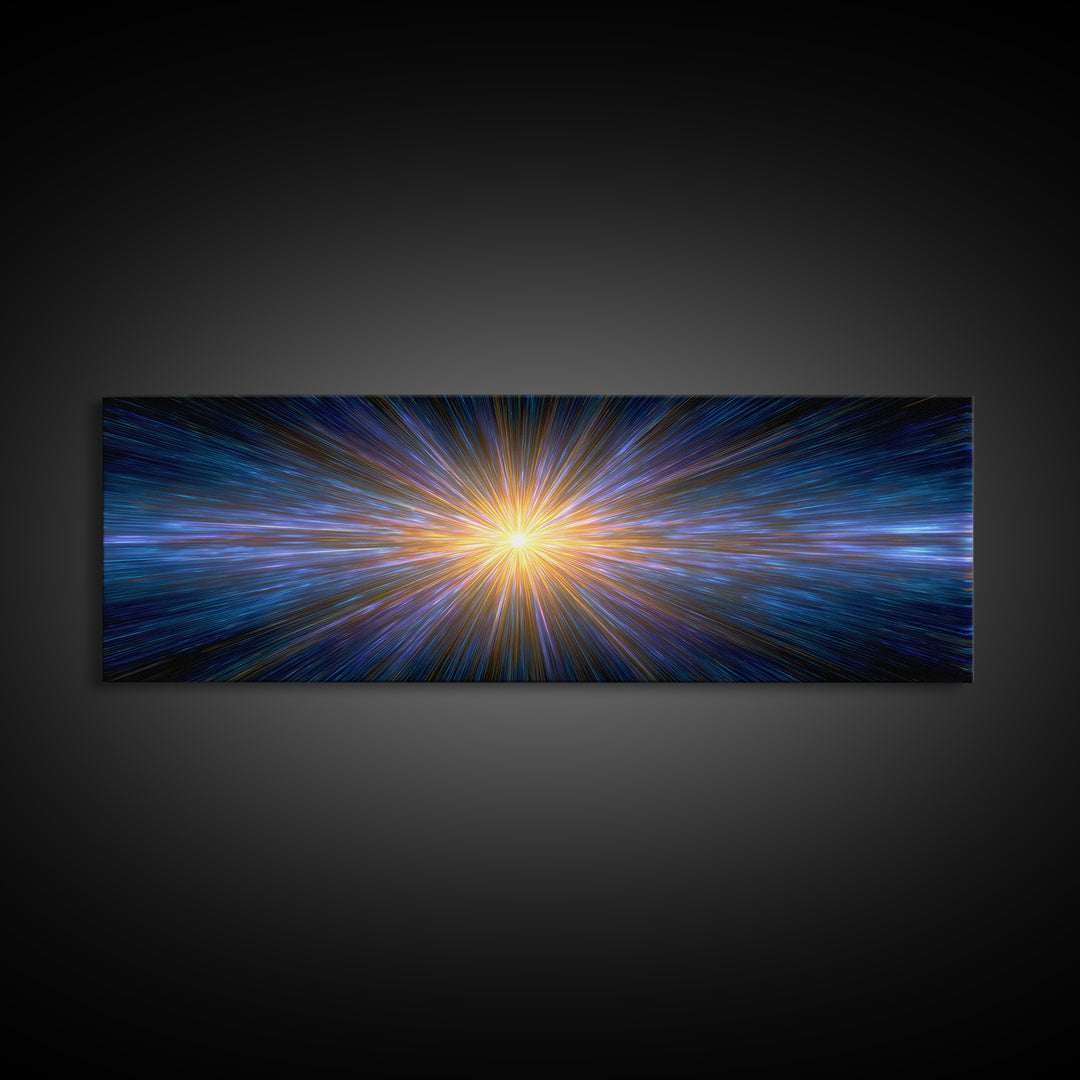 Radiant Blue And Gold Light Burst Horizon, Space Abstract Wall Art, Modern Digital Art Print, Sci Fi Canvas Print For Home