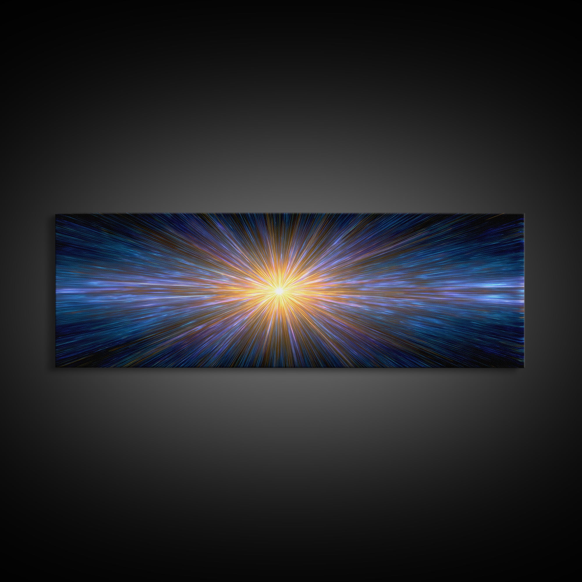 Radiant Blue And Gold Light Burst Horizon, Space Abstract Wall Art, Modern Digital Art Print, Sci Fi Canvas Print For Home