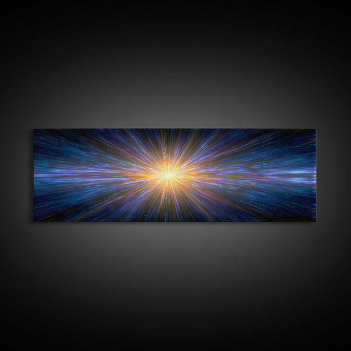 Radiant Blue And Gold Light Burst Horizon, Space Abstract Wall Art, Modern Digital Art Print, Sci Fi Canvas Print For Home