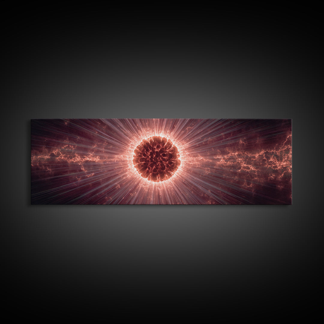 Red Solar Eclipse Corona With Dramatic Rays, Space Abstract Wall Art, Modern Digital Art Print, Cosmic Framed Canvas Print