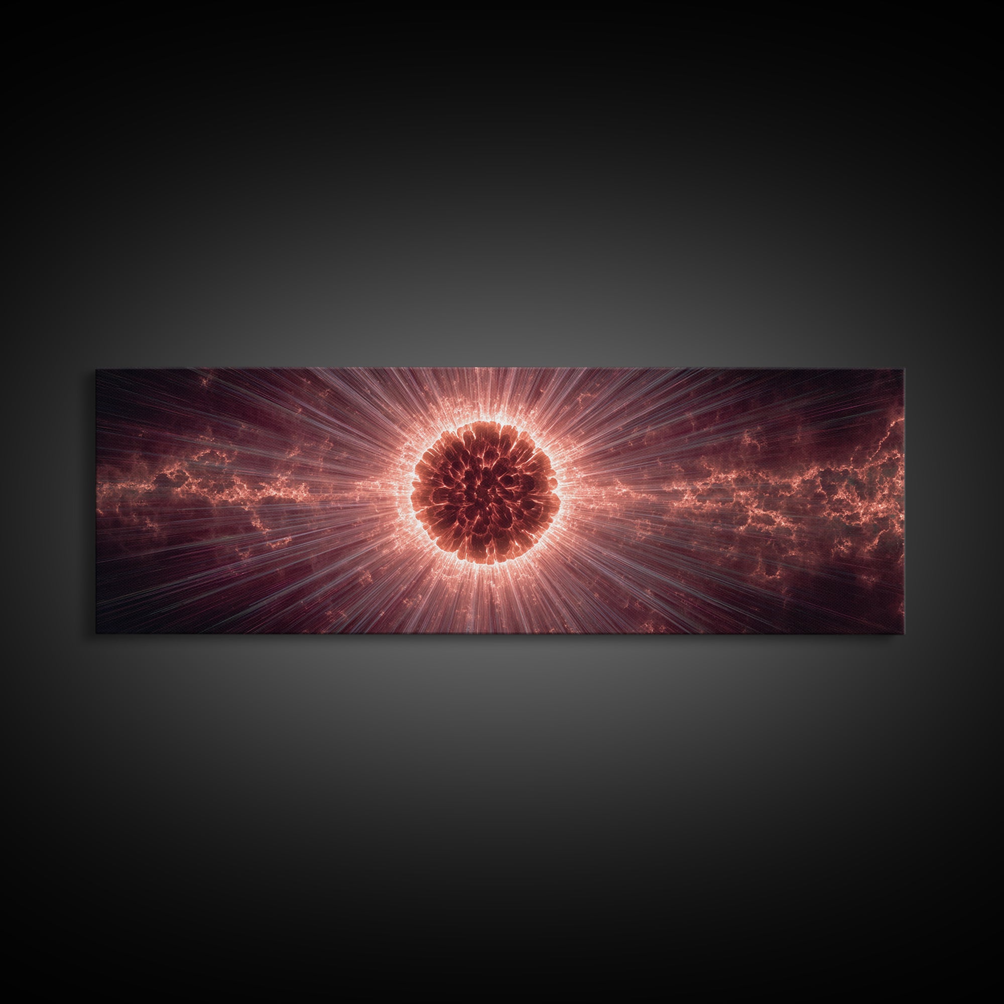 Red Solar Eclipse Corona With Dramatic Rays, Space Abstract Wall Art, Modern Digital Art Print, Cosmic Framed Canvas Print