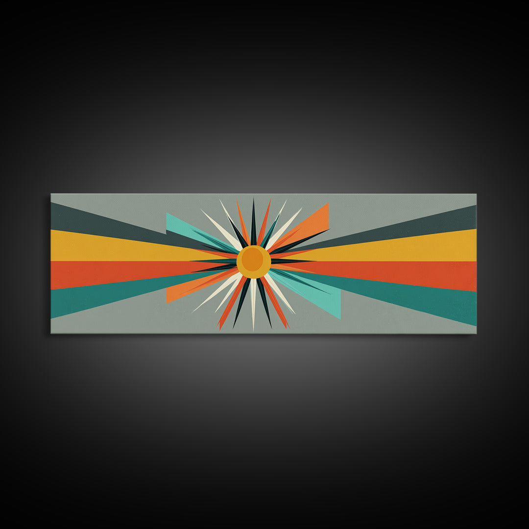 Atomic Orange Sunburst Rays Wall Art, Midcentury Modern Abstract Print, Retro Geometric Decor, MCM Living Room Poster Gift
