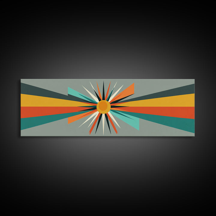Atomic Orange Sunburst Rays Wall Art, Midcentury Modern Abstract Print, Retro Geometric Decor, MCM Living Room Poster Gift
