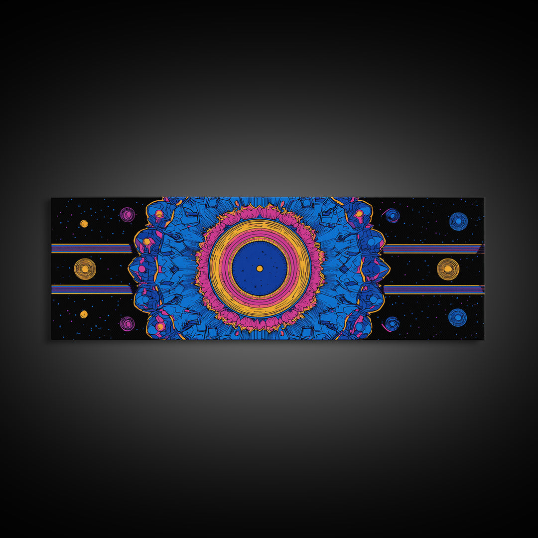 Blue Pink Cosmic Mandala Canvas Print, Psychedelic Abstract Wall Art, Retro Space Poster, Modern Geometric Home Decor Print
