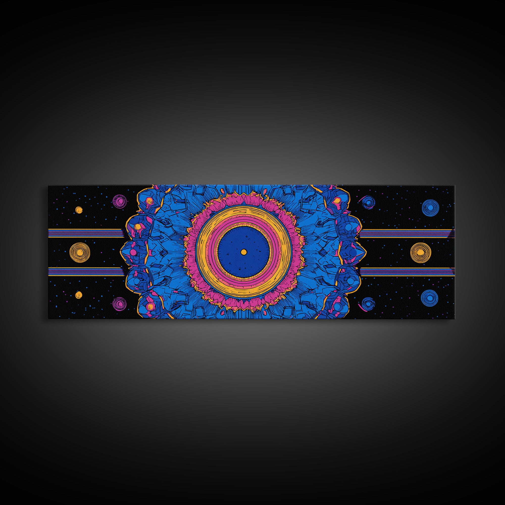 Blue Pink Cosmic Mandala Canvas Print, Psychedelic Abstract Wall Art, Retro Space Poster, Modern Geometric Home Decor Print