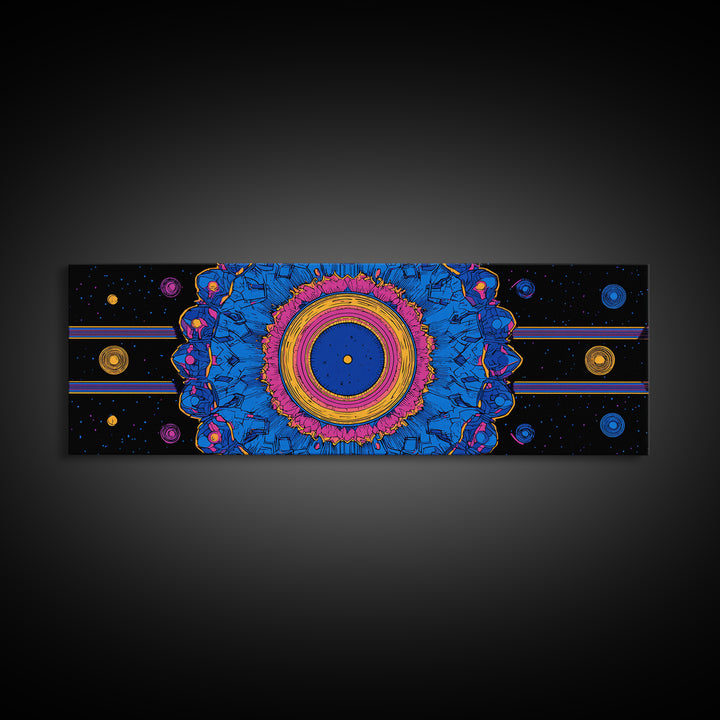 Blue Pink Cosmic Mandala Canvas Print, Psychedelic Abstract Wall Art, Retro Space Poster, Modern Geometric Home Decor Print