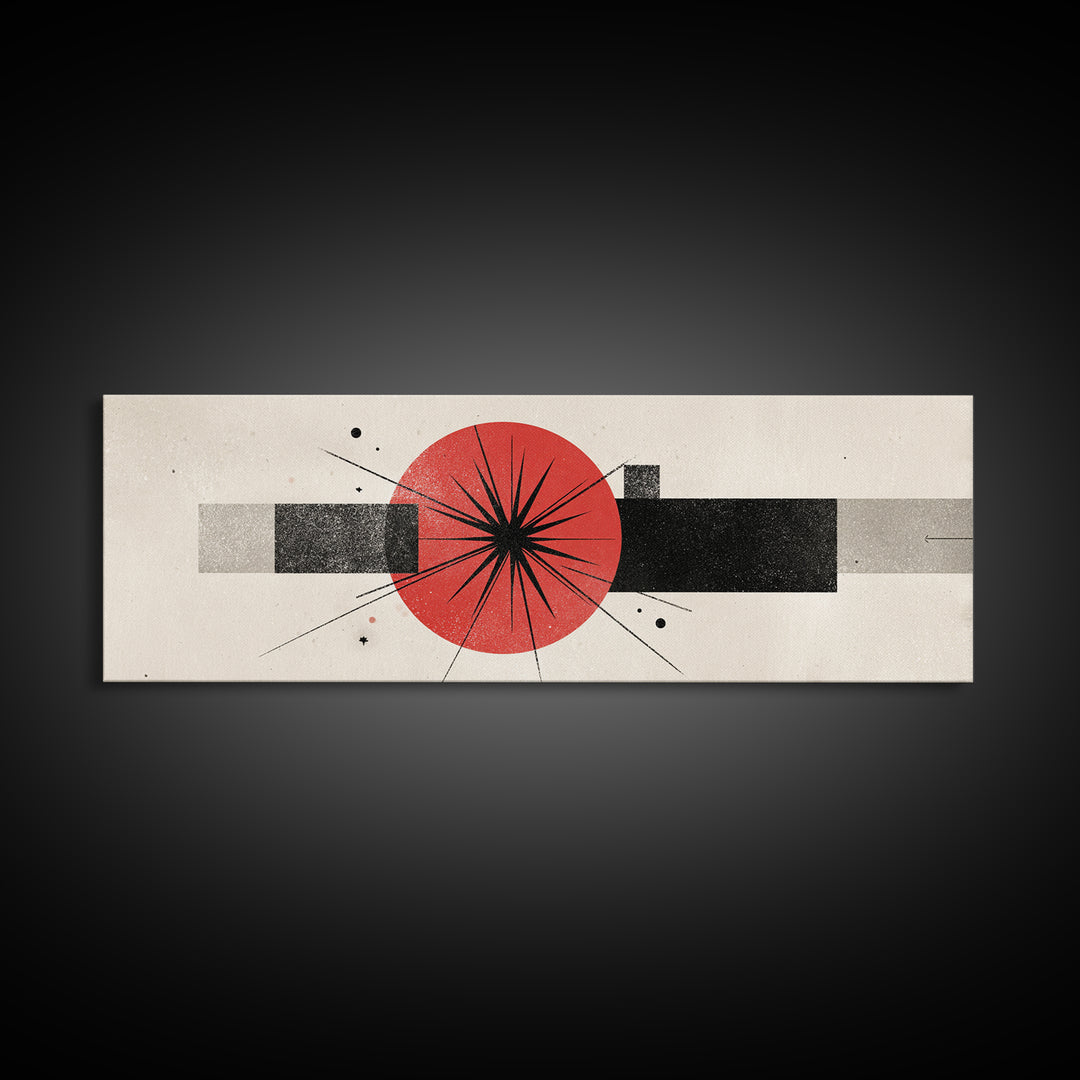 Red Black Atomic Starburst Framed Canvas Print, Midcentury Modern Wall Art, Minimal Geometric Decor, Retro MCM Poster Gift
