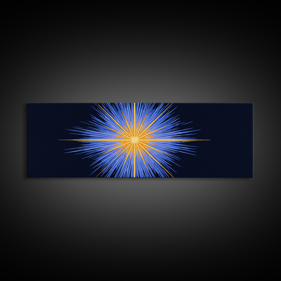 Blue Orange Radiant Starburst Canvas Print, Modern Abstract Wall Art, Cosmic Space Poster, Bold Geometric Living Room Decor