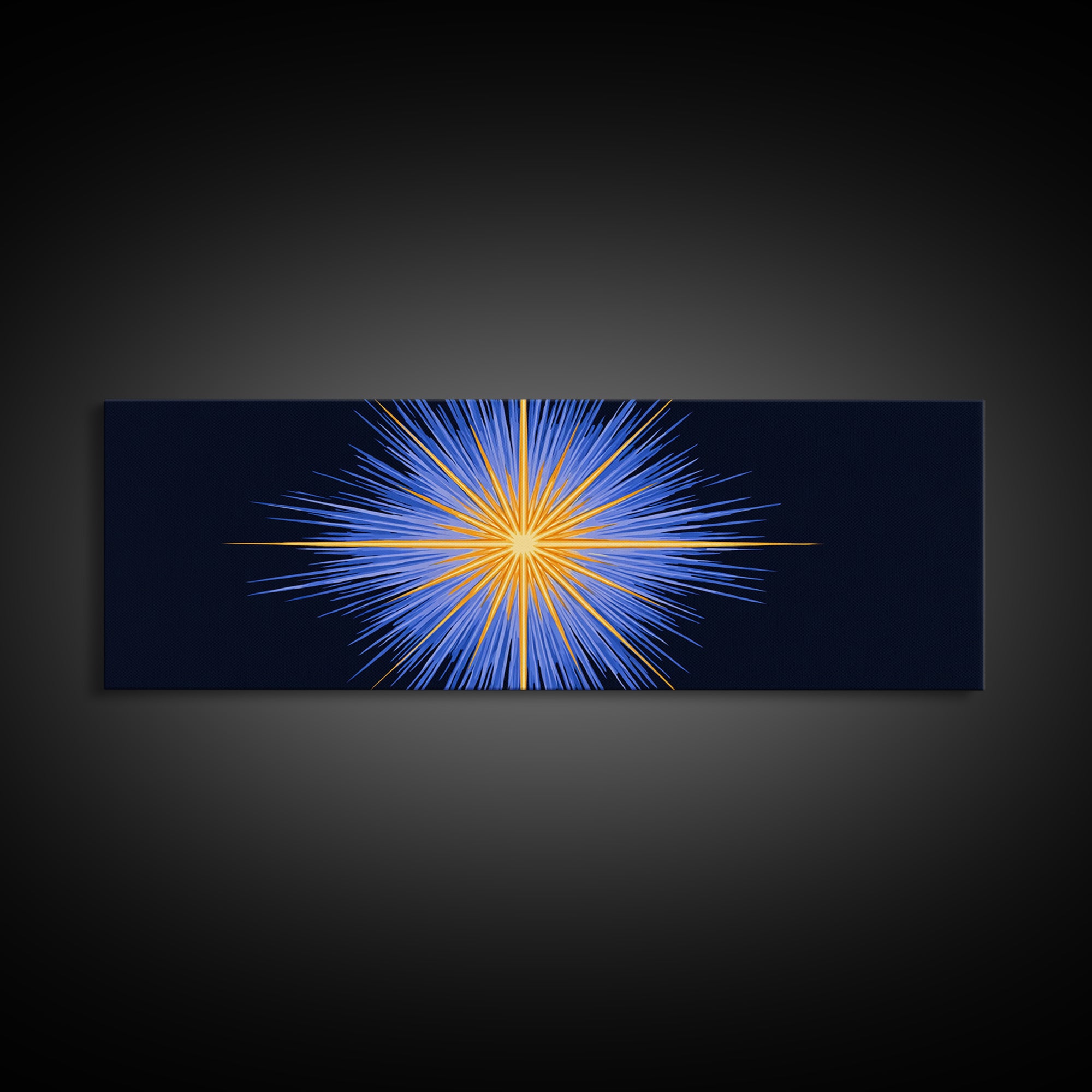 Blue Orange Radiant Starburst Canvas Print, Modern Abstract Wall Art, Cosmic Space Poster, Bold Geometric Living Room Decor