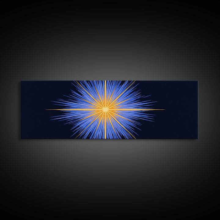 Blue Orange Radiant Starburst Canvas Print, Modern Abstract Wall Art, Cosmic Space Poster, Bold Geometric Living Room Decor