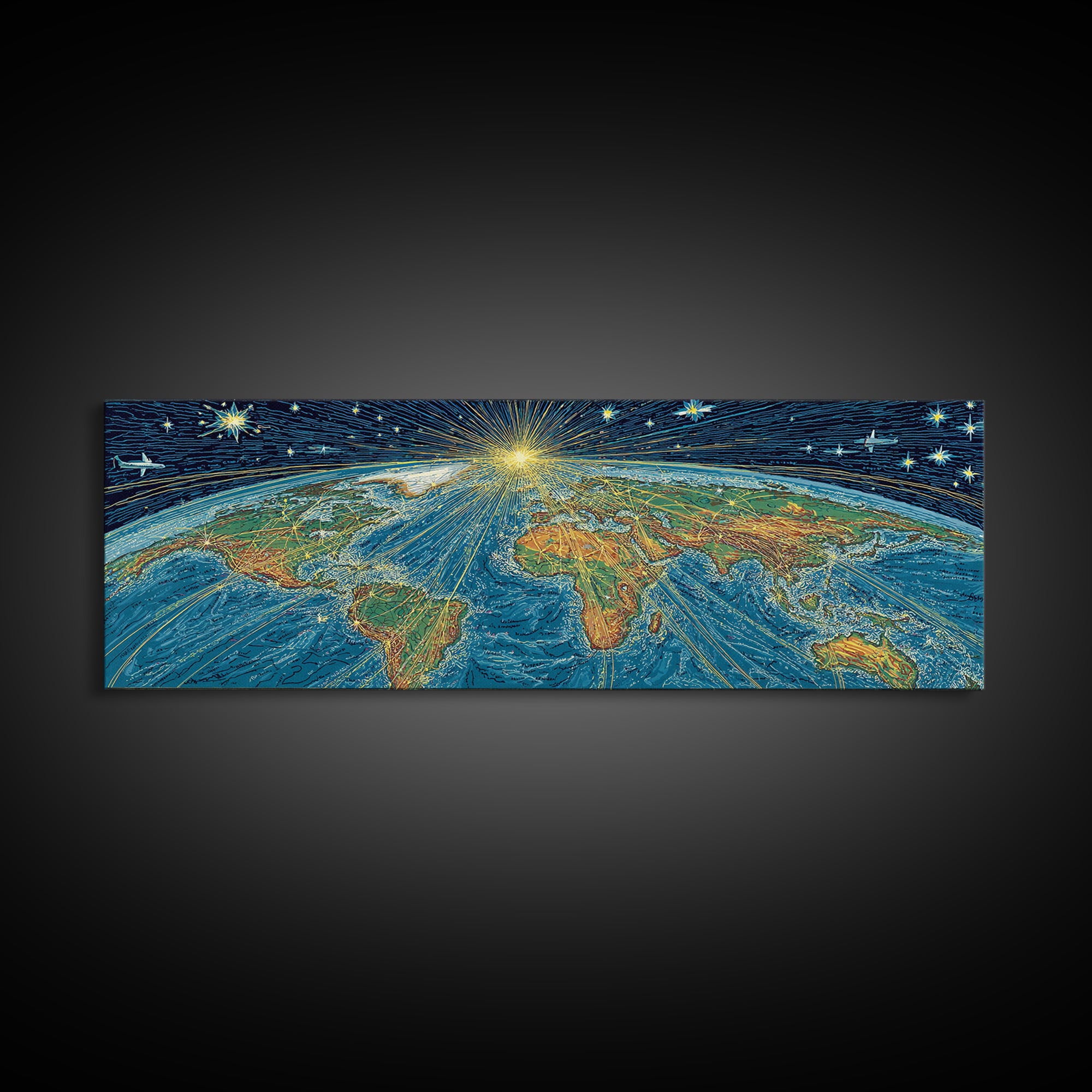 Radiant Earth From Space Wall Art, Midcentury Modern Map Poster, Cosmic Retro Illustration Canvas Print, Blue Home Decor