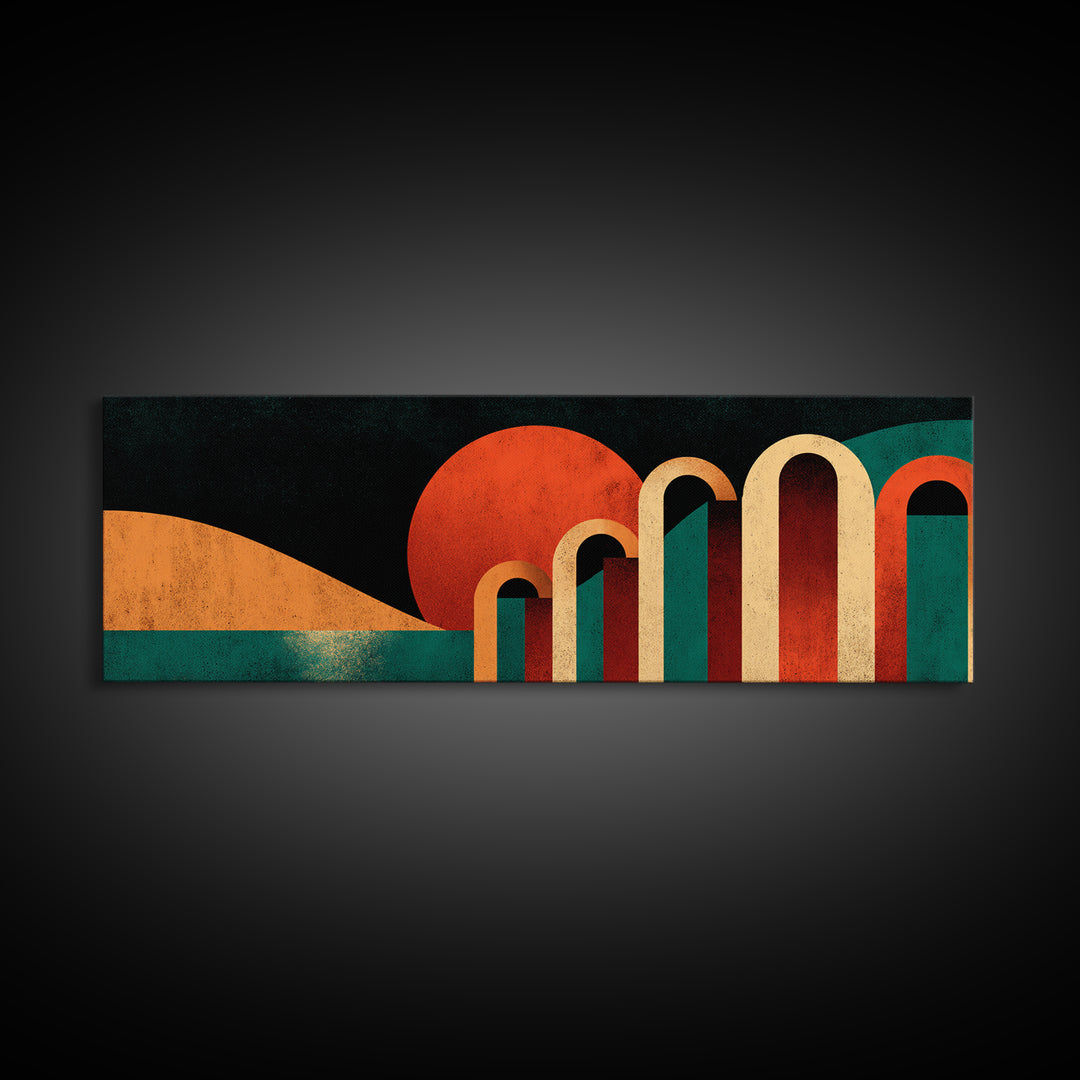 Desert Sunset With Teal Horizon And Retro Arches Canvas Print, Mid Century Modern Wall Decor, MCM Abstract Orange Art Poster