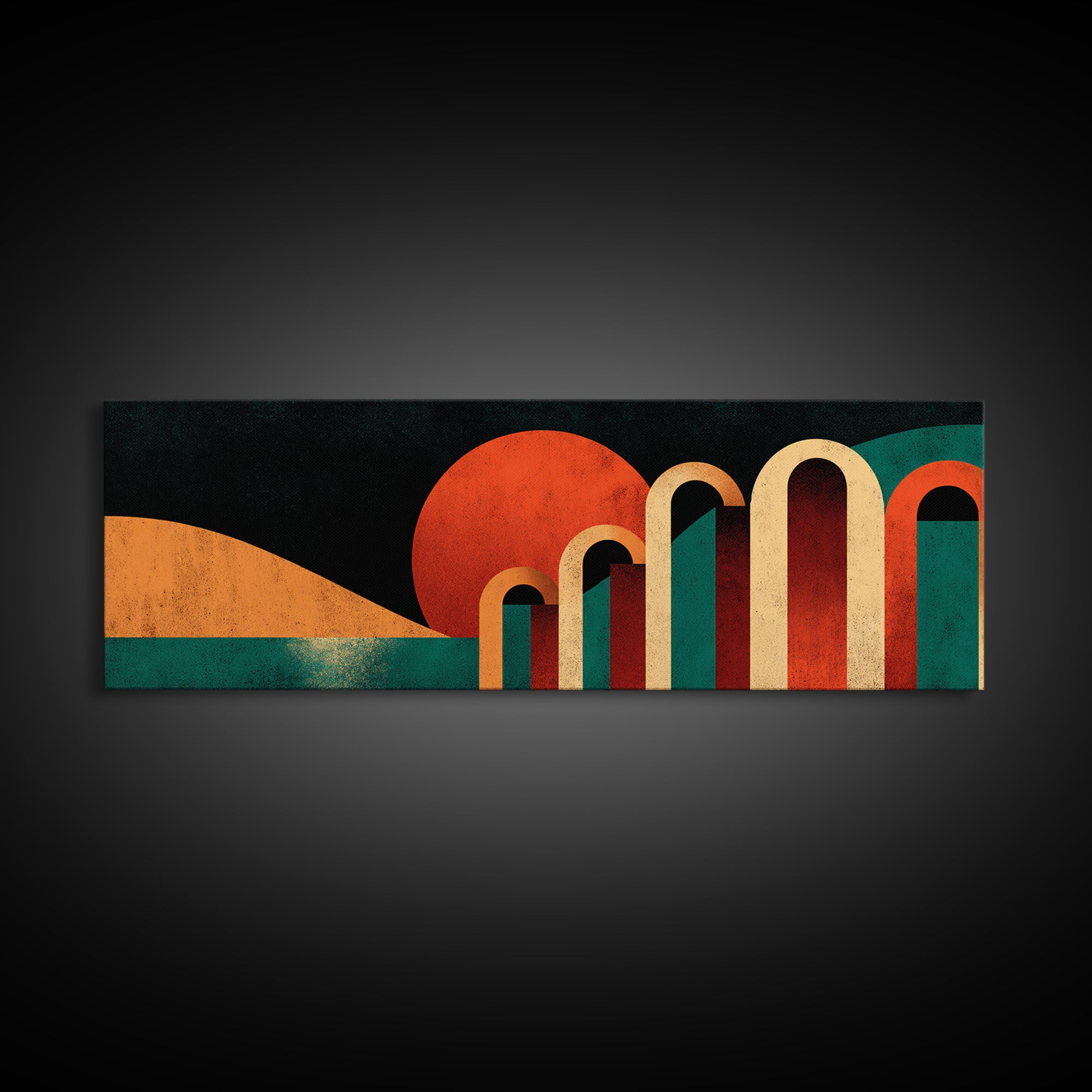 Desert Sunset With Teal Horizon And Retro Arches Canvas Print, Mid Century Modern Wall Decor, MCM Abstract Orange Art Poster