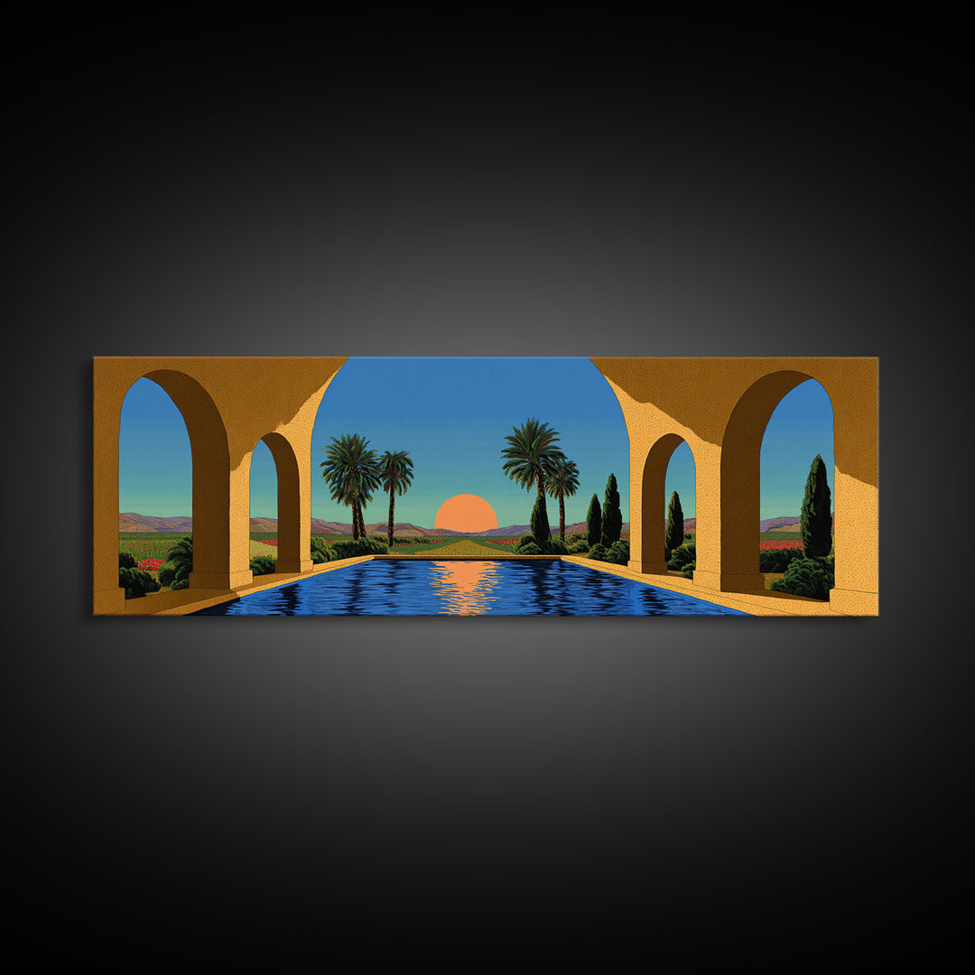 Palm Springs Pool With Golden Arches And Sunset Framed Canvas Print, Mid Century Modern Travel Poster Large Wall Art Decor