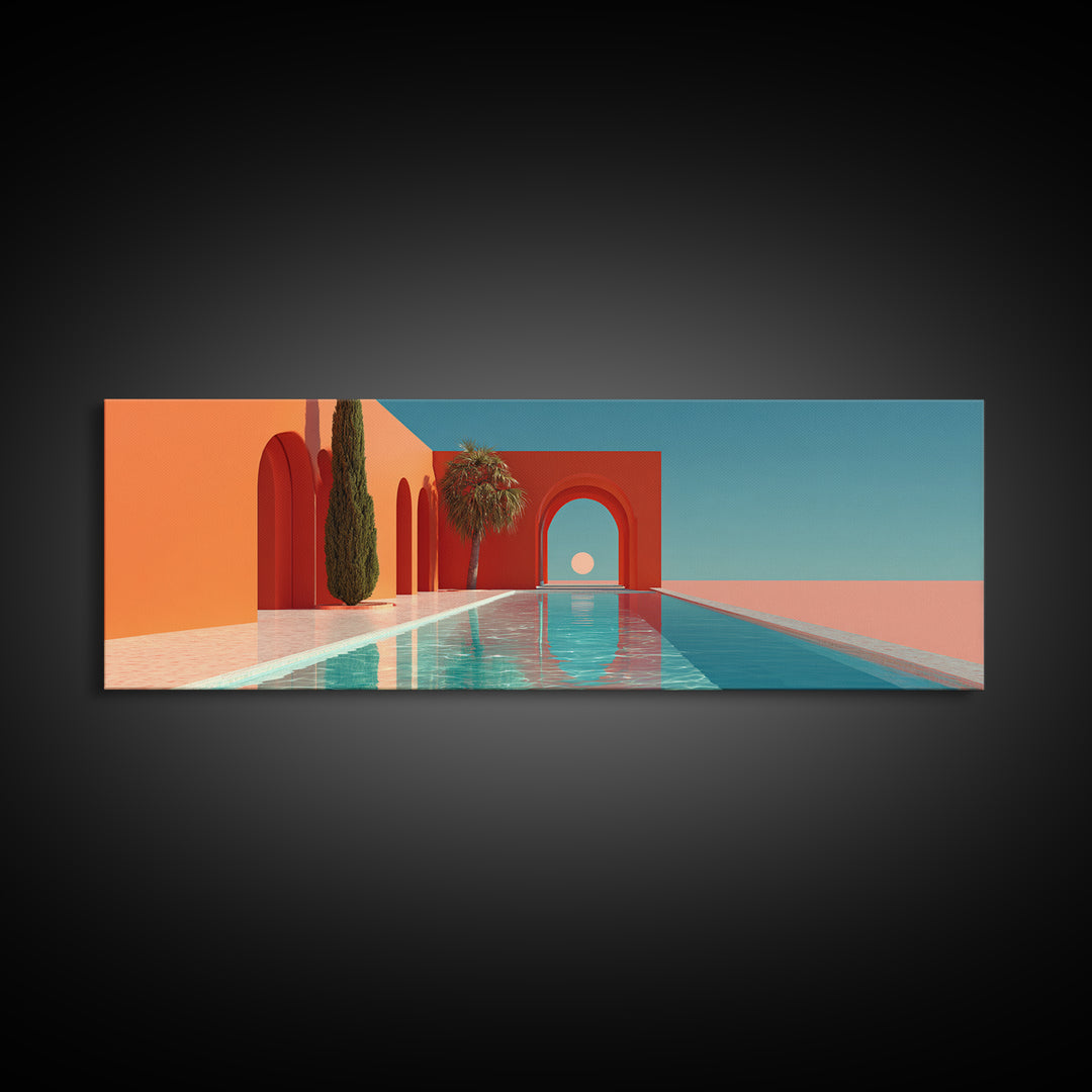 Red Arch Pool With Cypress Trees And Aqua Sky Canvas Print, Minimalist Mid Century Modern Wall Art, Palm Springs Decor Poster
