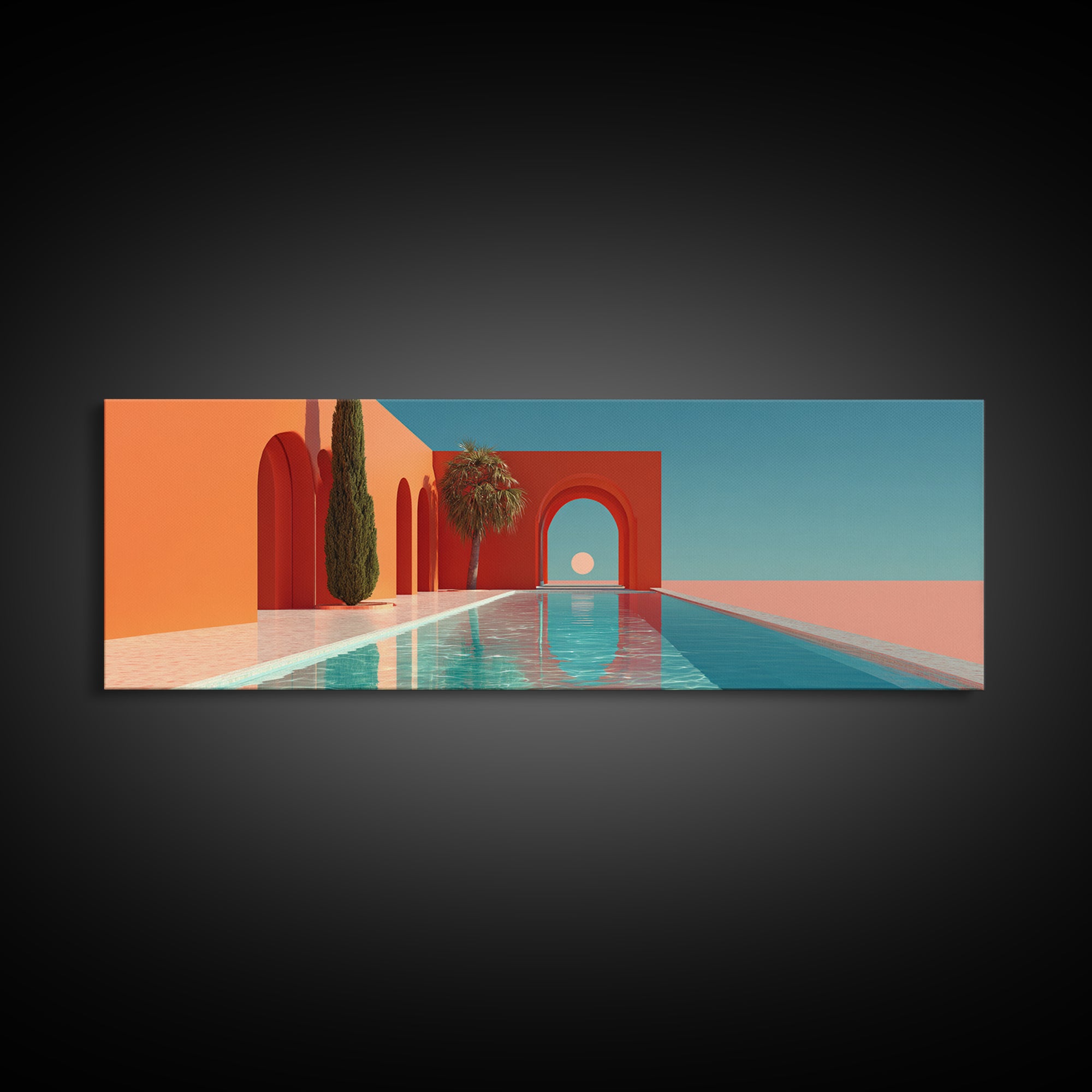 Red Arch Pool With Cypress Trees And Aqua Sky Canvas Print, Minimalist Mid Century Modern Wall Art, Palm Springs Decor Poster