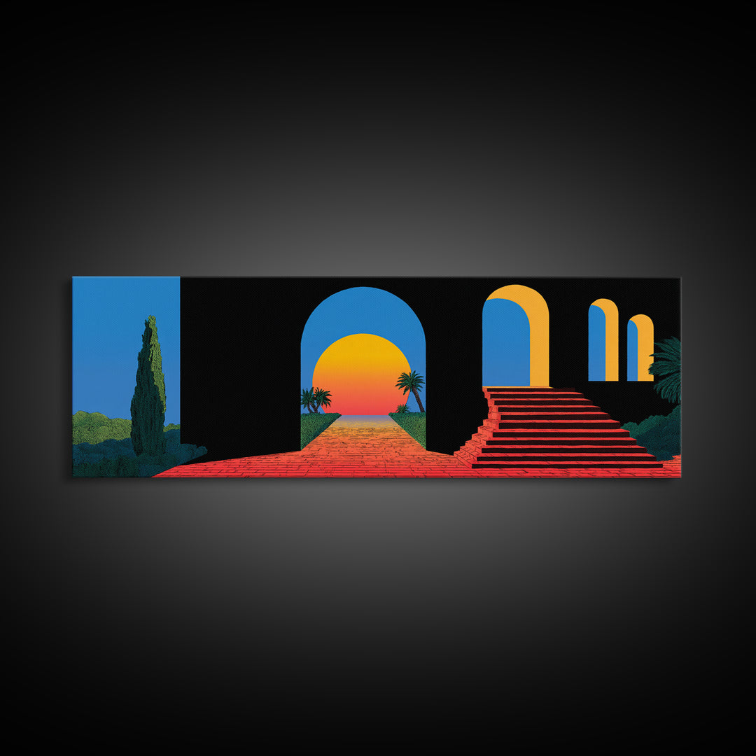 Black Blue Terrace With Sunset Portal And Red Steps Wall Art, Retro Mid Century Modern Poster, MCM Architectural Decor Print