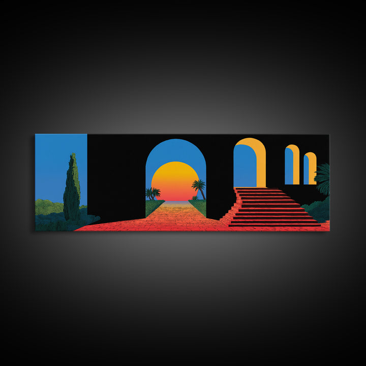 Black Blue Terrace With Sunset Portal And Red Steps Wall Art, Retro Mid Century Modern Poster, MCM Architectural Decor Print