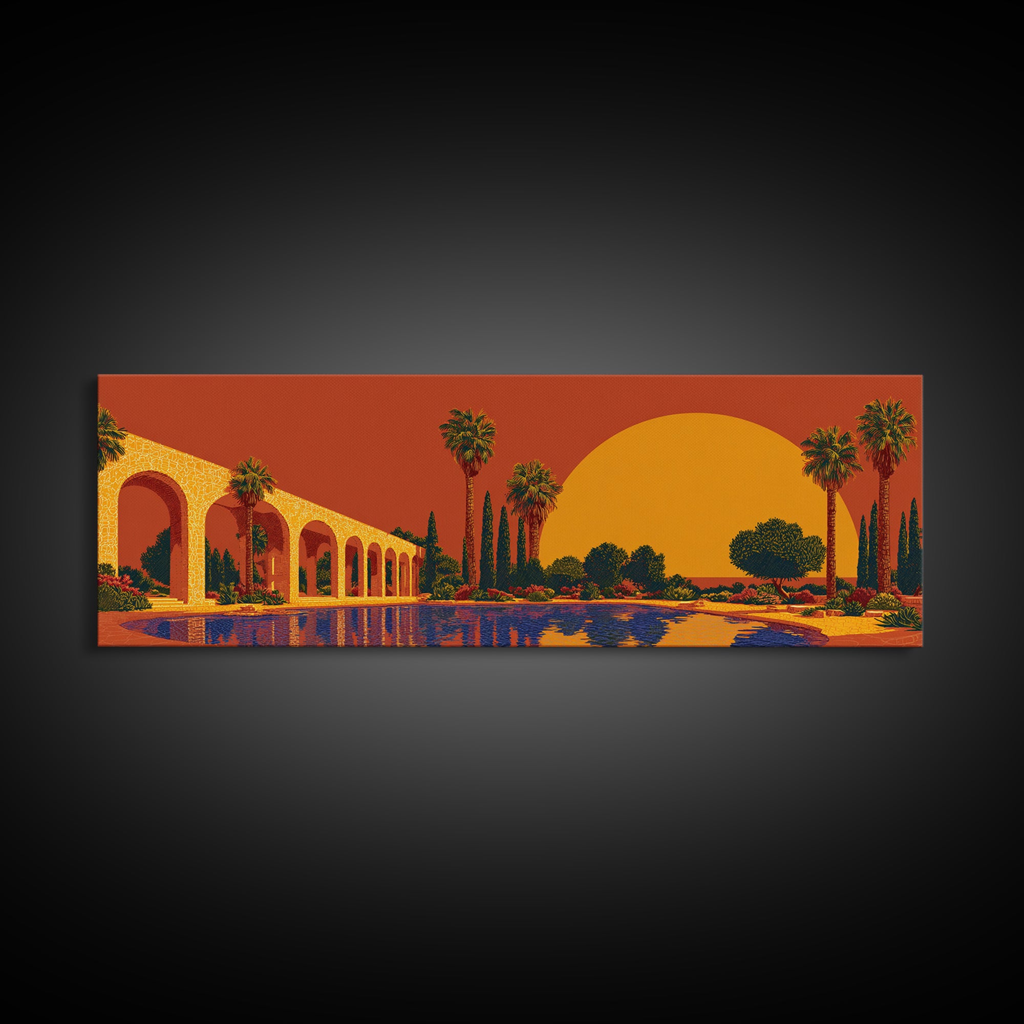 Orange Palm Oasis With Colonnade Pool And Giant Sun Framed Canvas Print, Mid Century Modern Wall Art, Retro Desert Decor