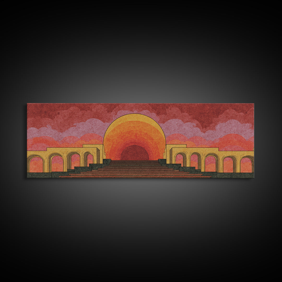 Monumental Sunset Theater With Arches And Stone Steps Canvas Print, Retro Mid Century Modern Wall Art, Orange Landscape Poster
