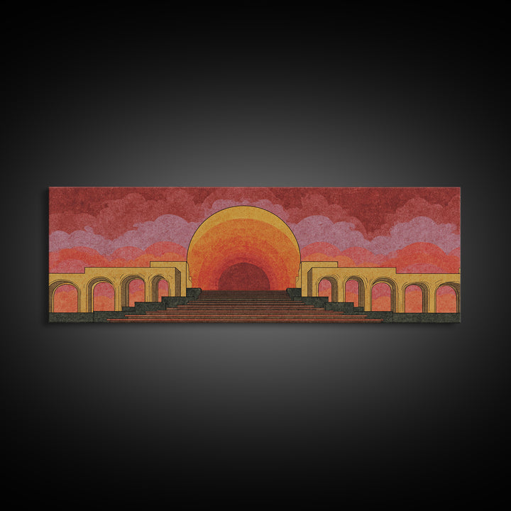 Monumental Sunset Theater With Arches And Stone Steps Canvas Print, Retro Mid Century Modern Wall Art, Orange Landscape Poster