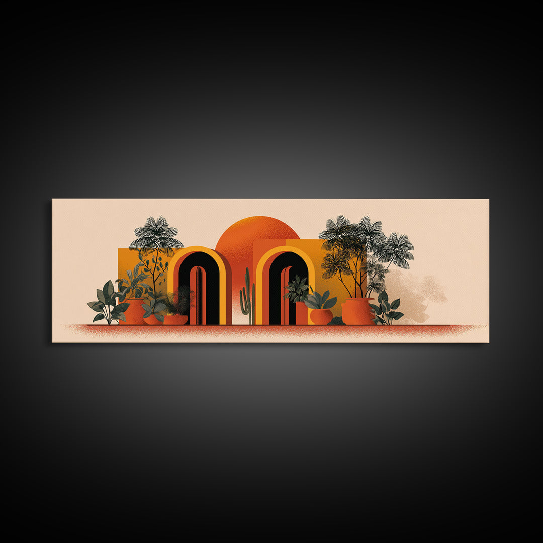 Potted Plants With Orange Sun And Rainbow Arched Doors Wall Art, Mid Century Modern Botanical Decor, MCM Desert Poster Print