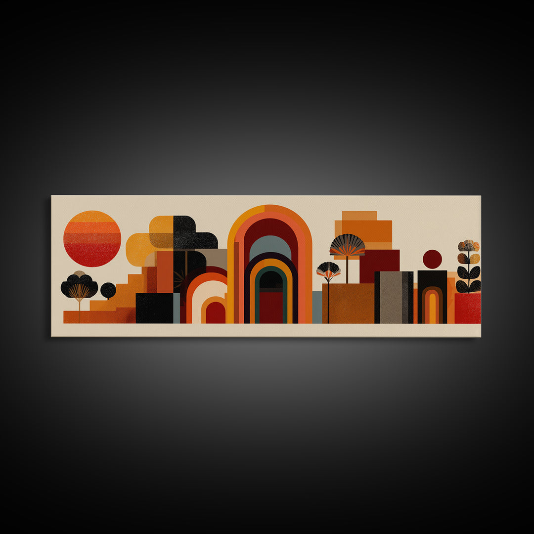 Abstract Desert Village With Arches, Sun, And Potted Plants Canvas Print, Mid Century Modern Wall Art, Geometric MCM Decor