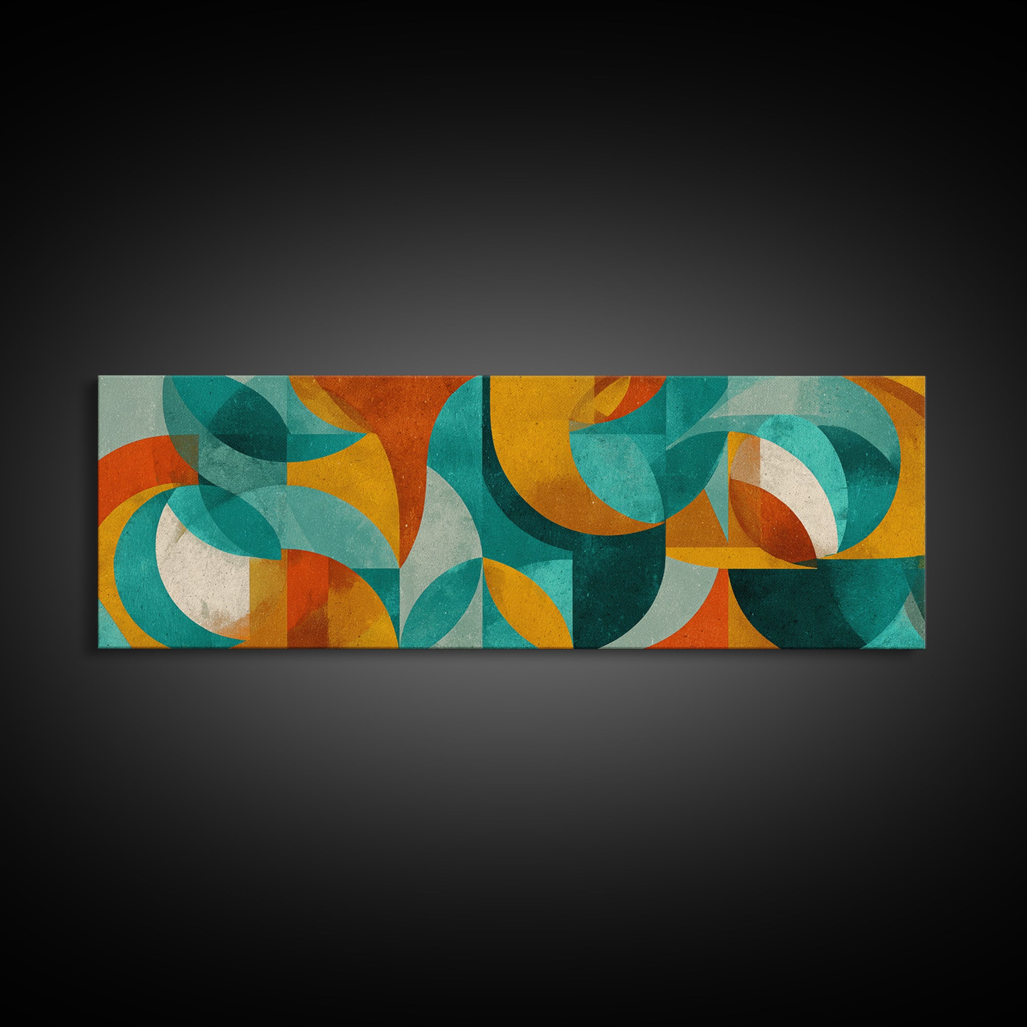 Teal Ochre Geometric Circles And Transparent Shapes Wall Art, Mid Century Modern Abstract Print, Bauhaus Colorblock Decor