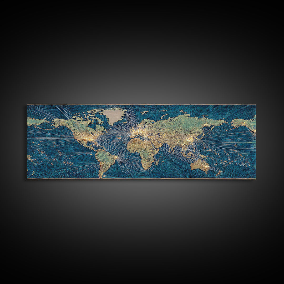 Blue Gold World Map Wall Art, Midcentury Modern Travel Poster, Geometric Global Lines Canvas Print, Office Wall Decor, Gift