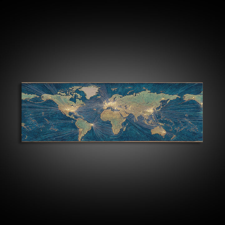 Blue Gold World Map Wall Art, Midcentury Modern Travel Poster, Geometric Global Lines Canvas Print, Office Wall Decor, Gift