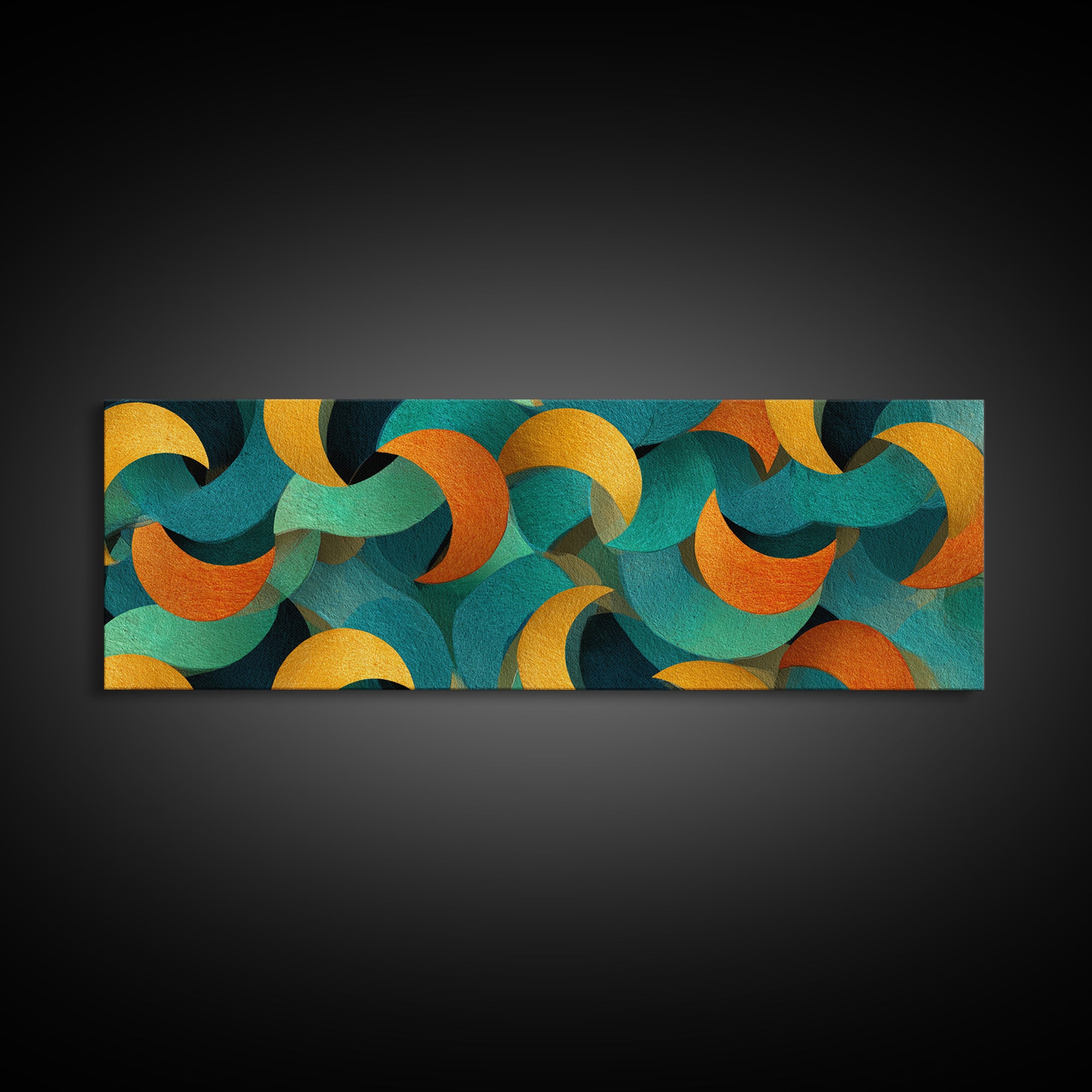 Layered Teal Orange And Gold Crescent Moon Shapes Canvas Print, Retro Mid Century Modern Wall Art, Abstract Pattern Decor