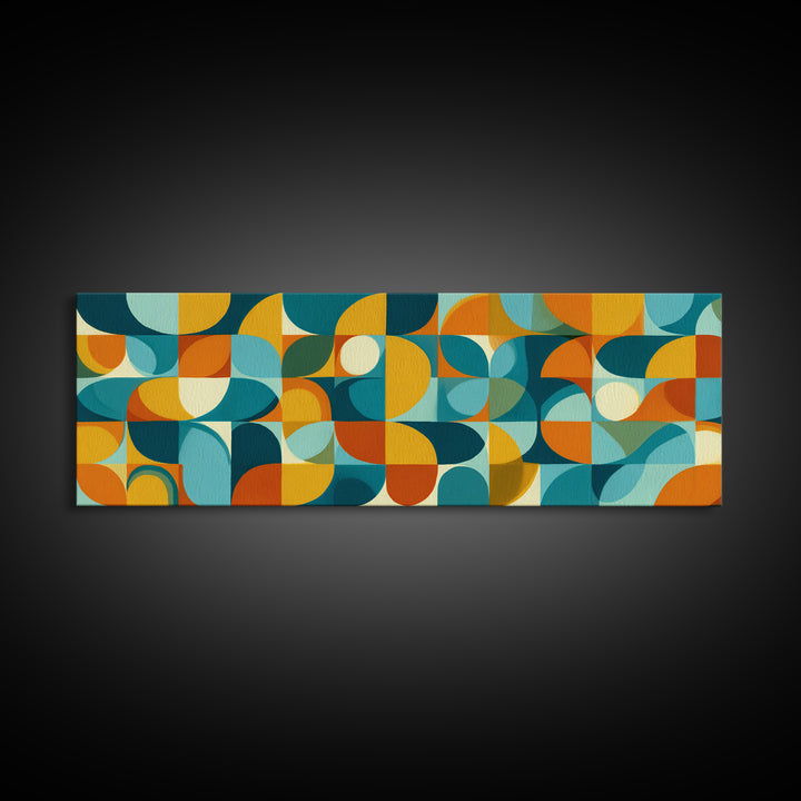 Teal Orange Aqua Rounded Geometric Shapes Canvas Print, Mid Century Modern Wall Art, Retro Bauhaus Poster, Living Room Decor