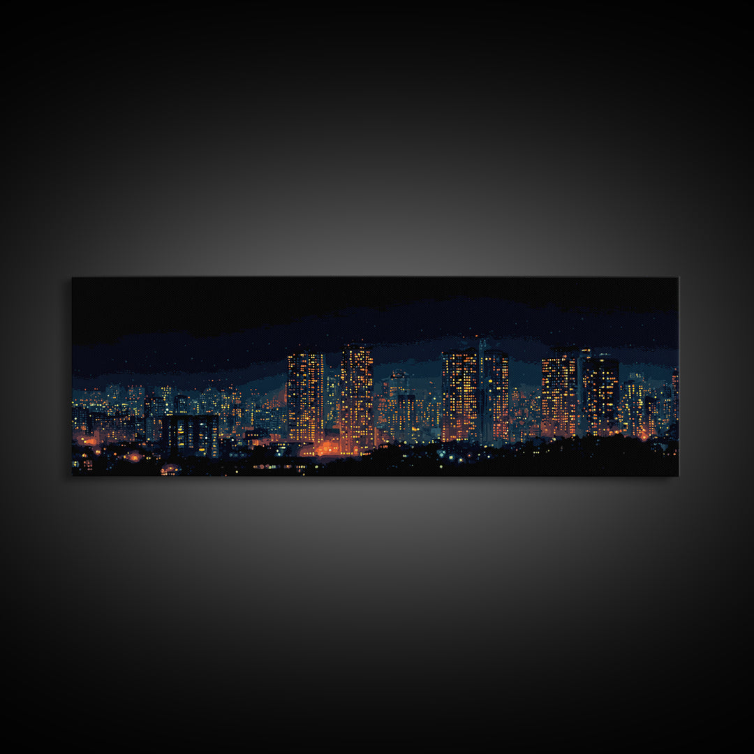 Glowing Night City Skyline Wall Art, Modern Urban Photography Print, Skyscraper Lights Poster, Apartment Living Room Decor