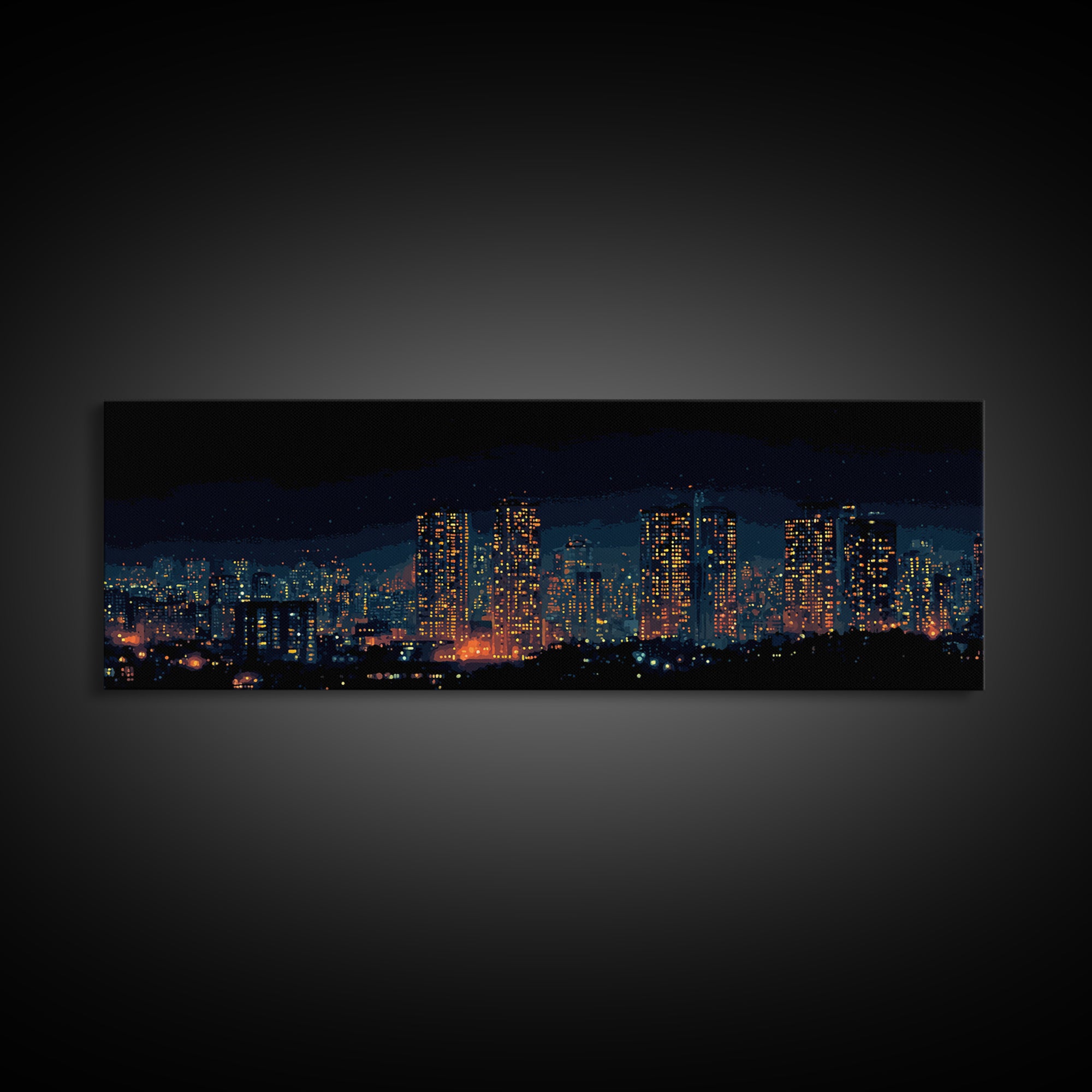 Glowing Night City Skyline Wall Art, Modern Urban Photography Print, Skyscraper Lights Poster, Apartment Living Room Decor