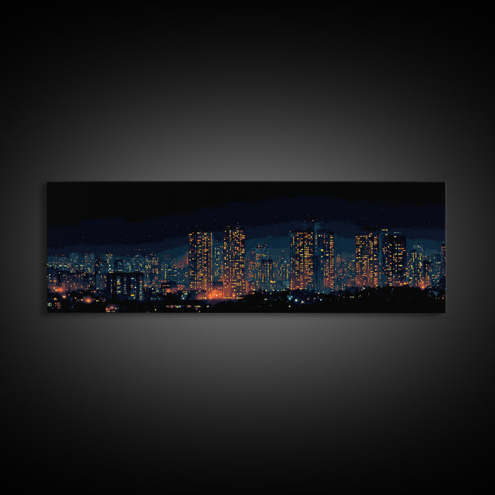 Glowing Night City Skyline Wall Art, Modern Urban Photography Print, Skyscraper Lights Poster, Apartment Living Room Decor