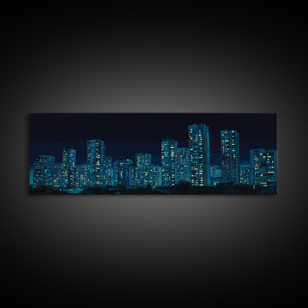 Blue Neon Night Skyline Canvas Print, Modern Cityscape Wall Art, Urban Skyscraper Poster, Contemporary Apartment Living Room Decor