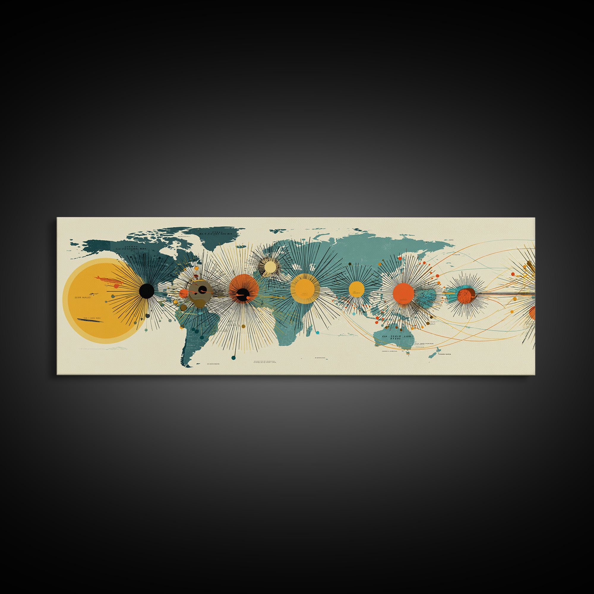 Solar System World Map Wall Art, Midcentury Modern Space Poster, Retro Planetary Lines Framed Canvas Print, Office Decor