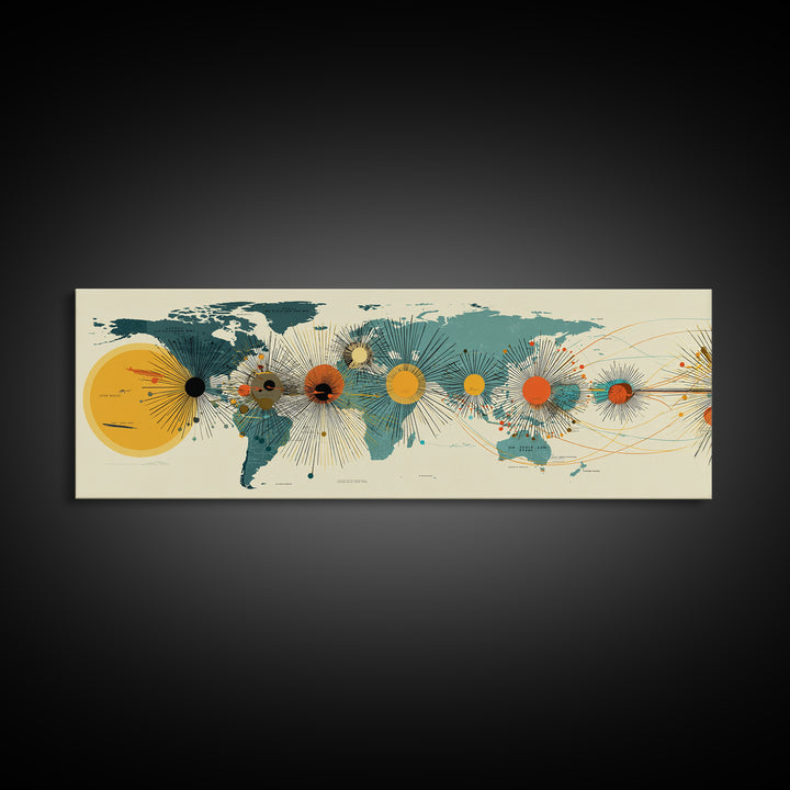 Solar System World Map Wall Art, Midcentury Modern Space Poster, Retro Planetary Lines Framed Canvas Print, Office Decor