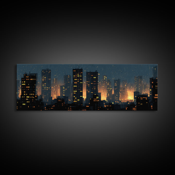 Rainy Night City Silhouette Wall Art, Moody Urban Skyline Print, Modern Skyscraper Lights Poster, Industrial Office Decor