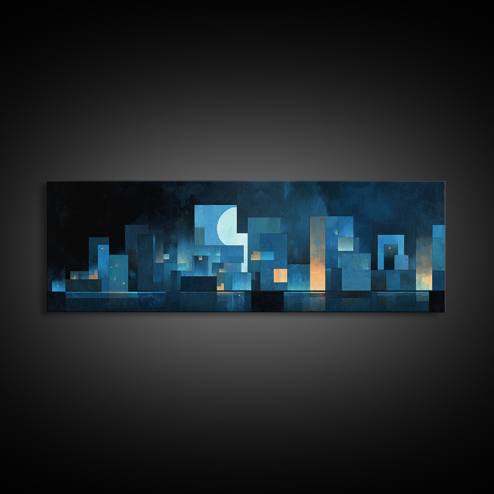 Blue Moon Geometric City Skyline Wall Art, Midcentury Modern Art Print, Abstract Urban Night Decor, MCM Living Room Poster