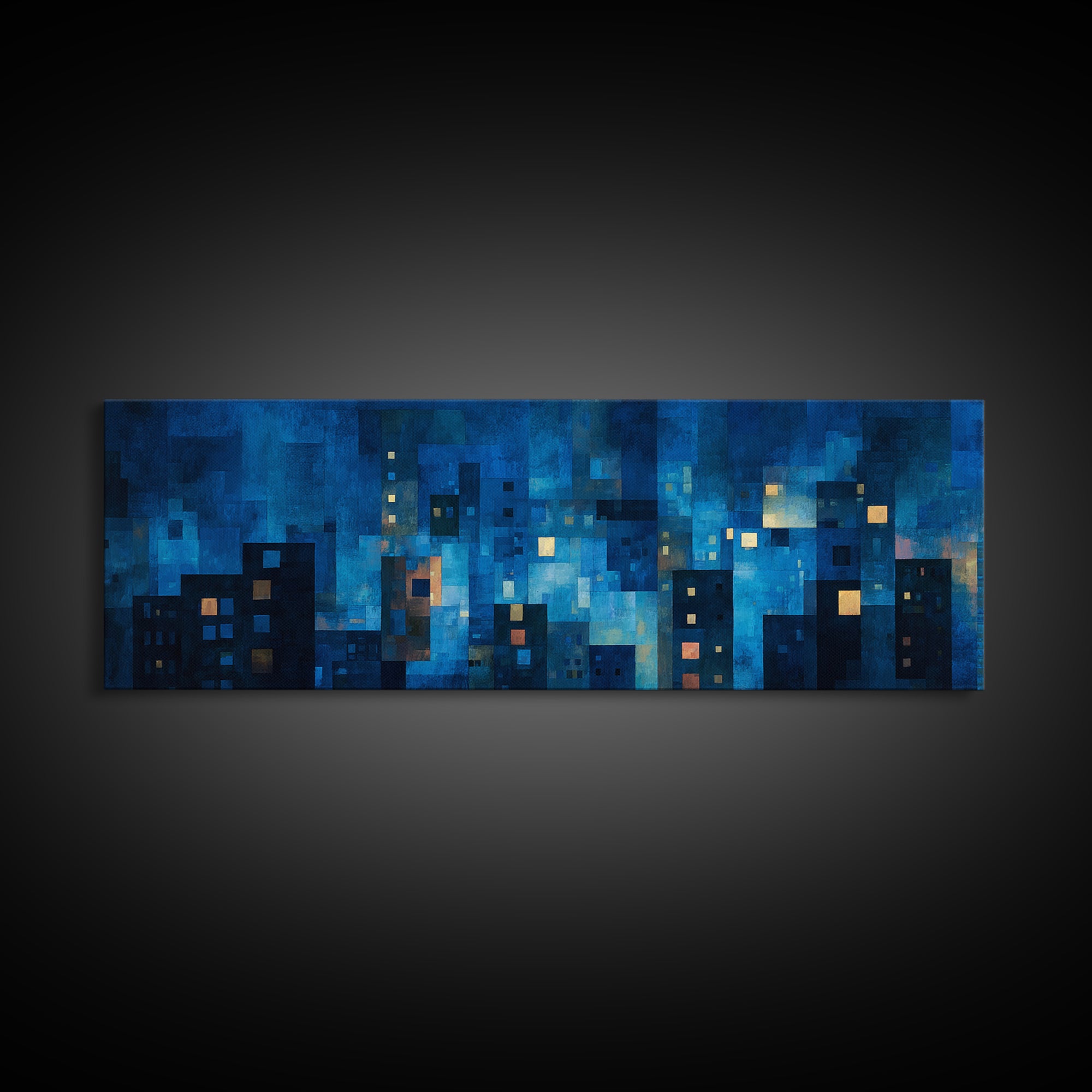 Blue Abstract City Lights Canvas Print, Modern Wall Art For Living Room, Urban Night Skyline Poster, Midcentury Home Decor