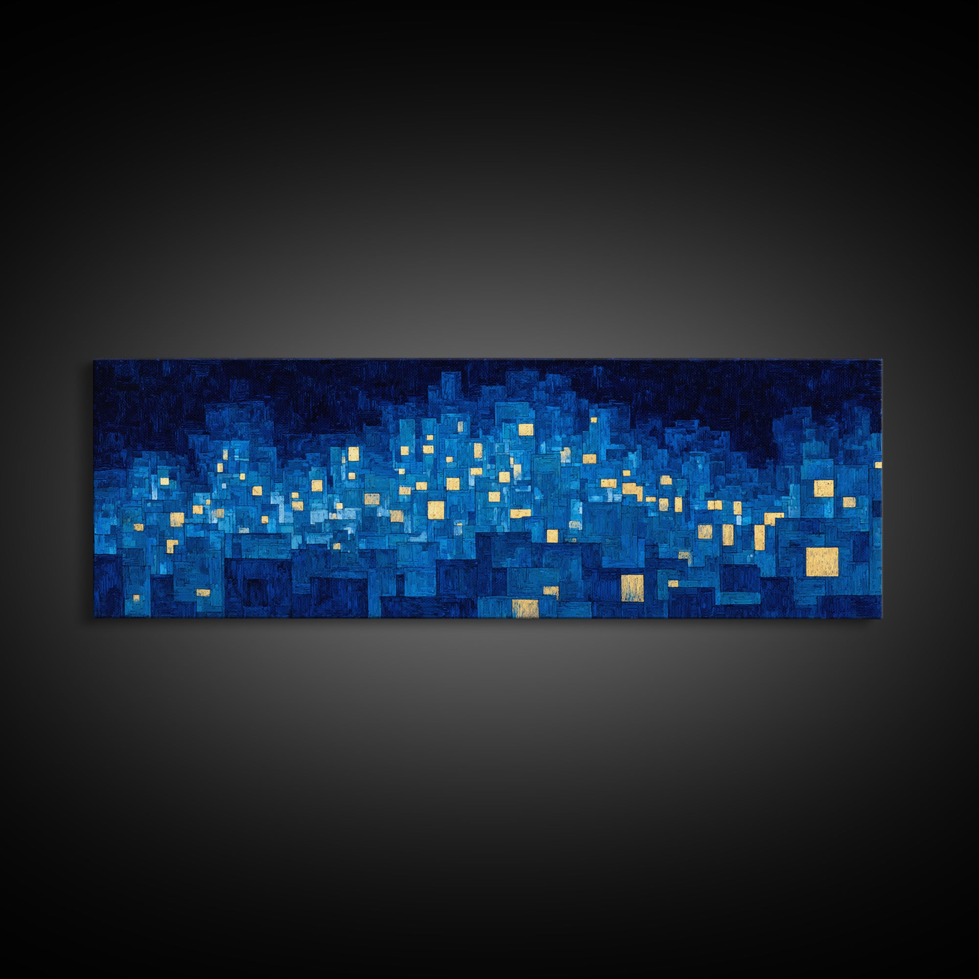 Mosaic Blue City Night Wall Art, Modern Abstract Art Print, Urban Skyline Lights, MCM Wall Decor, Large Living Room Artwork