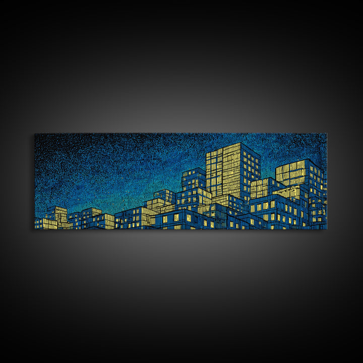 Yellow Blue Skyscraper Skyline Framed Canvas Print, Modern Wall Art, Architectural Cityscape Poster, Office Decor For Loft