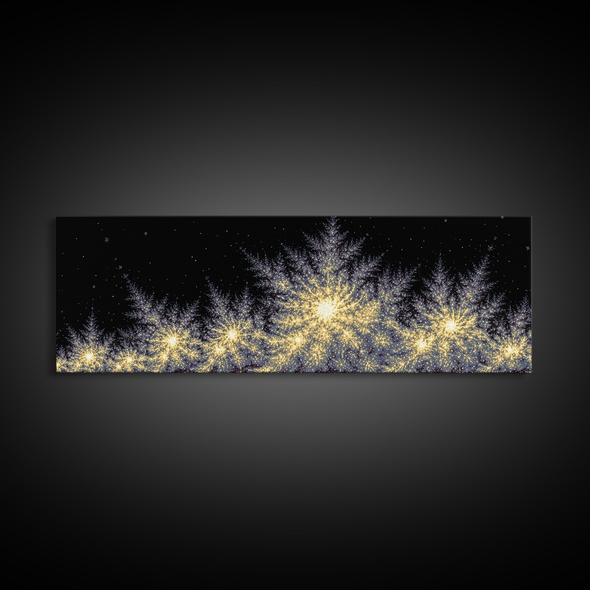 Golden Sparkling Tree Line Wall Art, Panoramic Winter Night Poster, Modern Abstract Art Print, Festive Metallic Home Decor