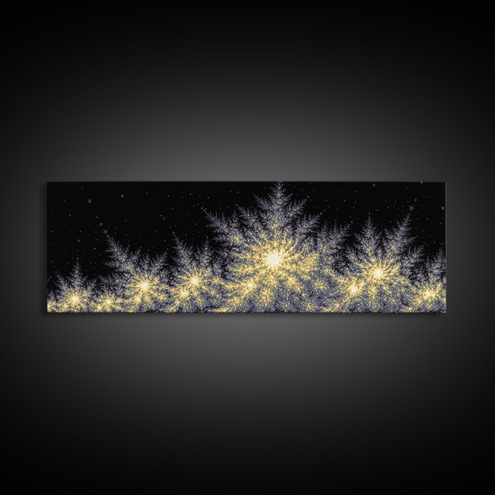 Golden Sparkling Tree Line Wall Art, Panoramic Winter Night Poster, Modern Abstract Art Print, Festive Metallic Home Decor